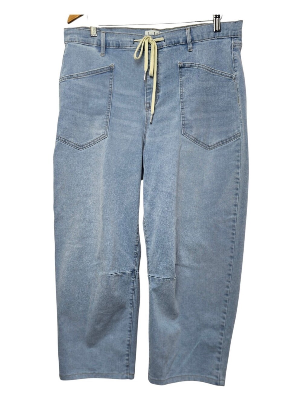 Nicole Miller NY SOHO Light Blue High Rise Barrel Leg Drawstring Jeans 14 Casual